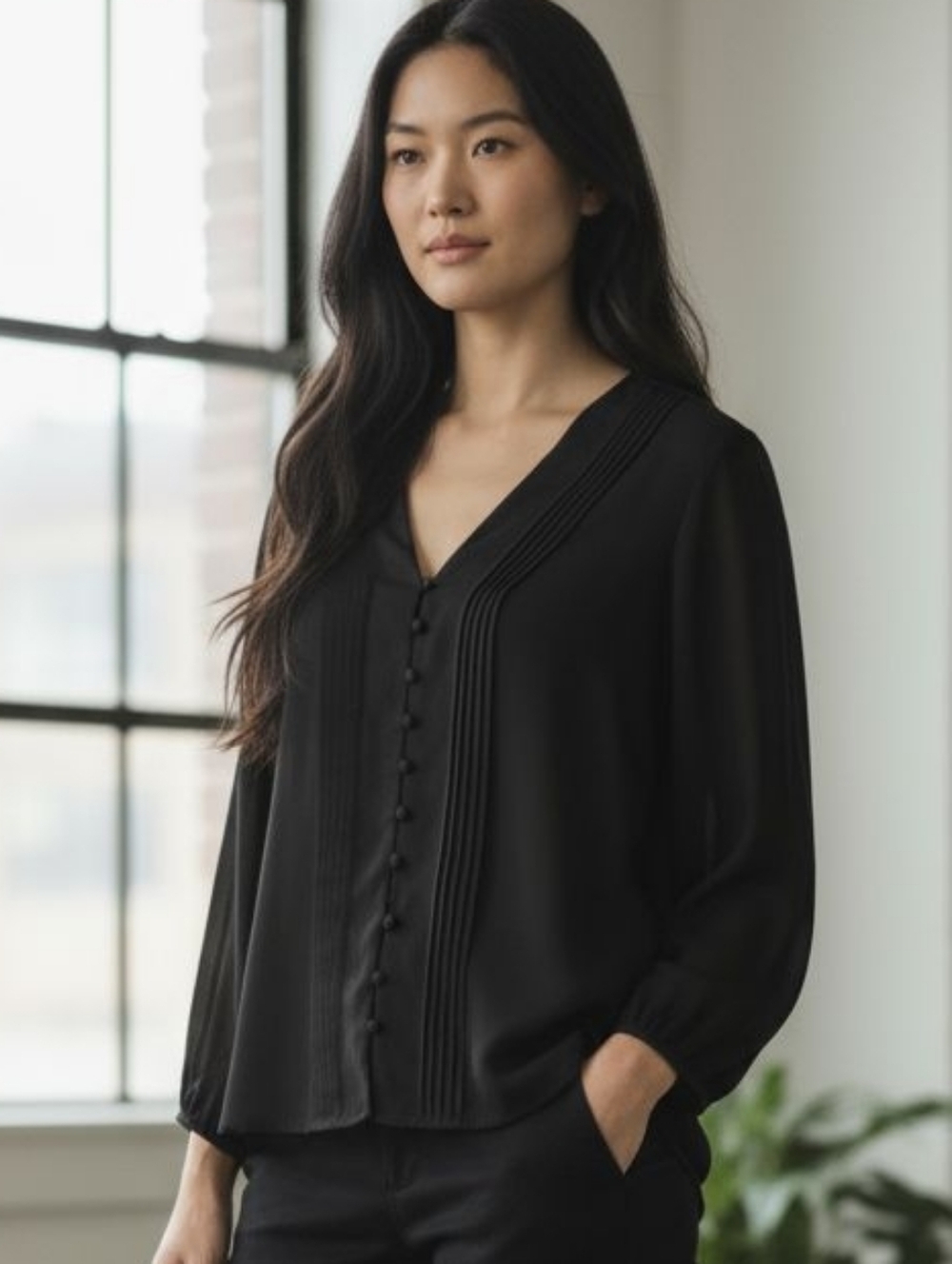 Express Black Button Blouse Women’s Large Long Sleeve Pleated V Neck Top 💵 - Picture 8 of 8